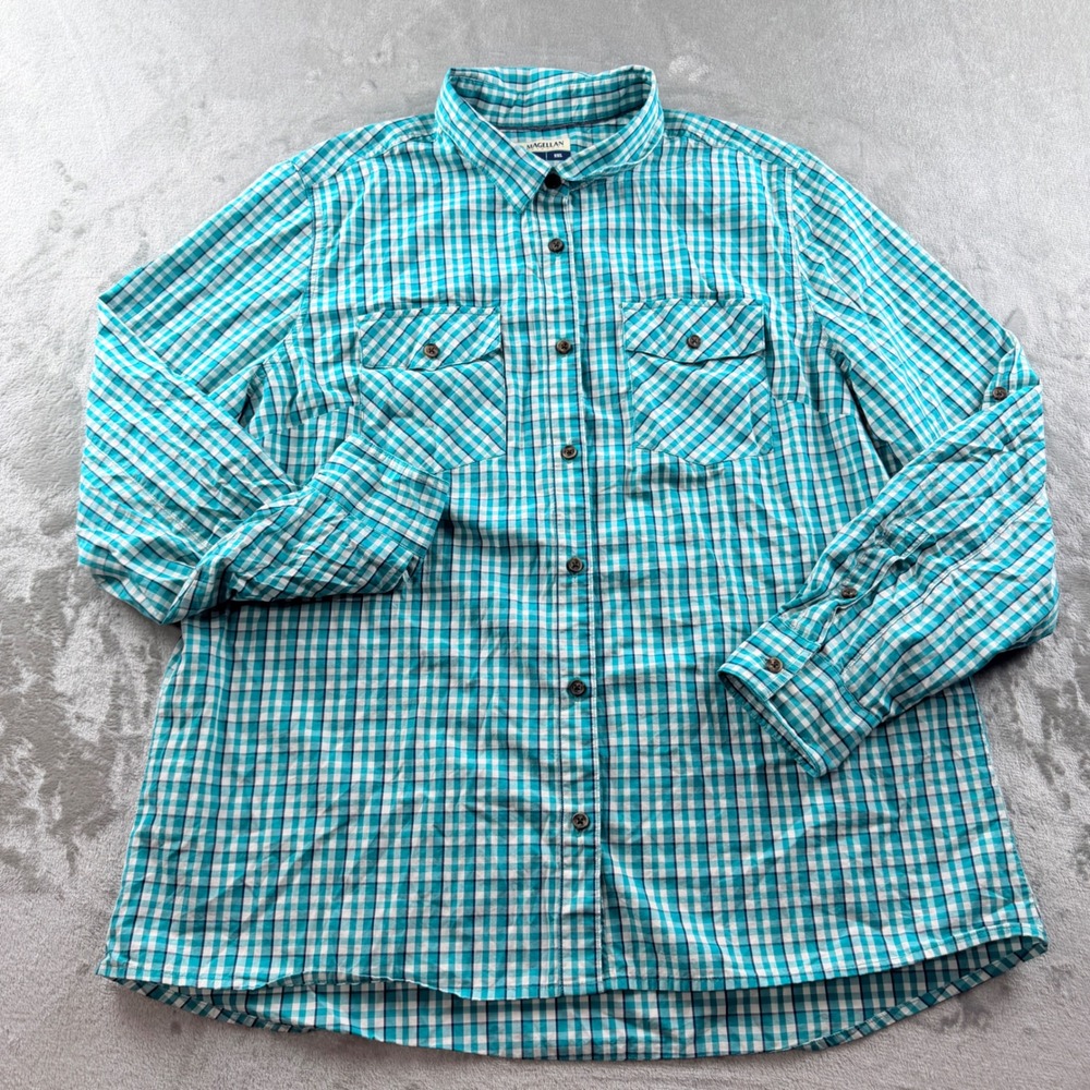 Magellan Outdoors Men's 2XL Teal White Gingham Plaid Long Sleeve Cotton Shirt